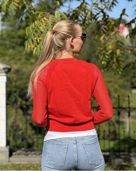 Svetr dámský Calvin Klein jeans červený s dírkovanými rukávy
